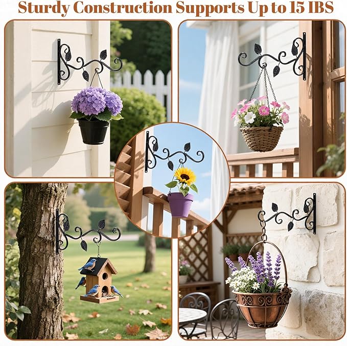 6 Pack Hanging Plant Brackets 12-Inch, Black Iron Wall Hooks for Planters, Lanterns, Bird Feeders & Wind Chimes Indoor/Outdoor