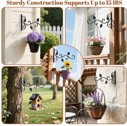 6 Pack Hanging Plant Brackets 12-Inch, Black Iron Wall Hooks for Planters, Lanterns, Bird Feeders & Wind Chimes Indoor/Outdoor