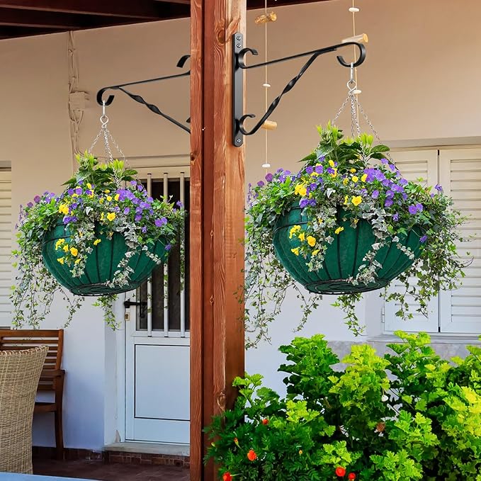 AMAGABELI GARDEN & HOME 4 Pack Hanging Plant Brackets Outdoor 10 inch Metal Fence Wall Plant Hanger Hooks for Hanging Flower Baskets Bird Feeders Lanterns Wind Chimes Rust-Resistant Black