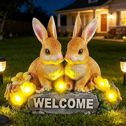Solar Rabbit Garden Statue 5.9" Resin Bunny Statue with Welcome Sign Rabbit Figurines Light Decorations for Patio Yard Lawn Ornaments Easter Housewarming Birthday Gifts for Women Mom Grandma Wife