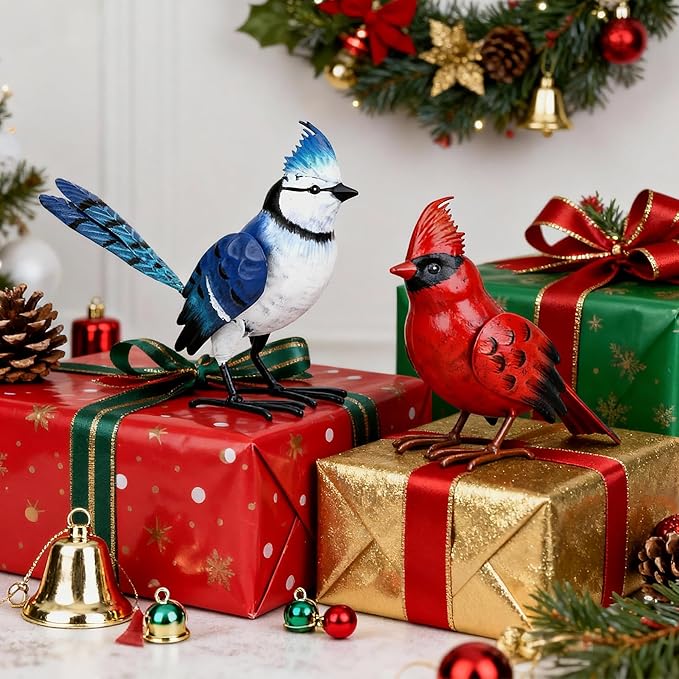 Shorayn Cardinal Decor Garden Statues Metal Bird Yard Art Sculptures,Standing Blue Jay Figurine Outdoor Decoration for Lawn Ornament,Christmas Housewarming Birthday Gifts for Women