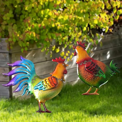 Colorful Rooster & Hen Garden Iron Stakes, Rustic Metal Garden Decor, Farm Animal Yard Art, Long-Lasting Outdoor Ornaments