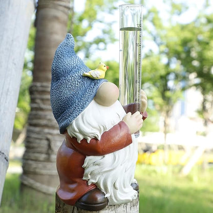 FORUP Resin Gnome Rain Gauge, Hand Painted Gnome Statue with Plastic Rain Gauge