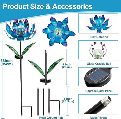 Solar Wind Spinner Outdoor Metal - Kinetic Lotus Flower Garden Sculptures & Spinners with Crackle Glass Lighting, 360° Spinning Yard Art Decor for Patio, Lawn, Pathway, Gifts for Women