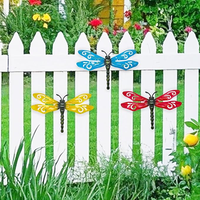 LWINGFLYER 4PCS Metal Butterfly Wall Decor Butterflies for Garden Wall Art Decoration for Fence Patio Accents Balcony Features Beautify Backyards Gardens Porch Living Areas (Dragonfly)