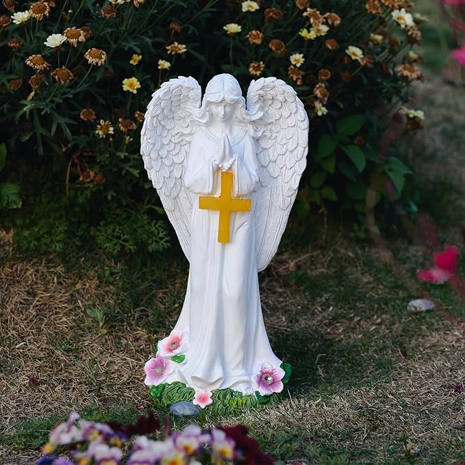 Solar Angels for Outside Garden, Angel Statue with Cross for Yard Lawn Patio Balcony, Chrisstmas, Memorial Gifts for Mom, Grandma, Women, 12 Inch,Resin