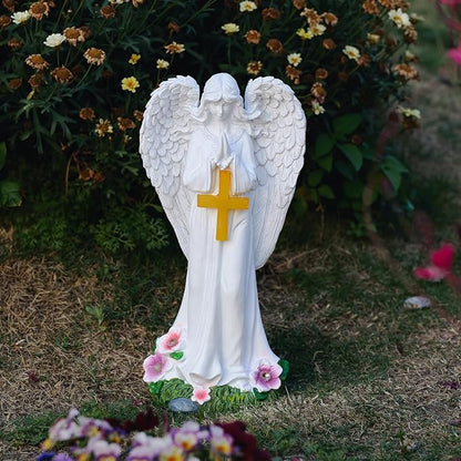 Solar Angels for Outside Garden, Angel Statue with Cross for Yard Lawn Patio Balcony, Chrisstmas, Memorial Gifts for Mom, Grandma, Women, 12 Inch,Resin