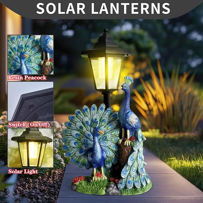 Solar Peacock Statue for Outdoor Garden Decor, 14.2 Inch Outside Peacock Ornaments with Lantern for Garden, Balcony, Patio, Yard, Lawn -Birthday Gifts for Women Grandparents