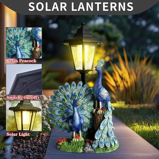 Solar Peacock Statue for Outdoor Garden Decor, 14.2 Inch Outside Peacock Ornaments with Lantern for Garden, Balcony, Patio, Yard, Lawn -Birthday Gifts for Women Grandparents