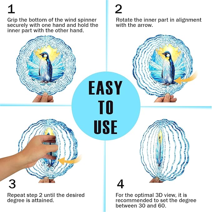 Penguin Wind Spinner, 3D Hanging Stainless Steel Garden Spinner, Wind Spinner Hanging for Outdoor & Indoor Décor, Unique Gifts for Yard Garden Decoration or Patio Décor (Penguin)