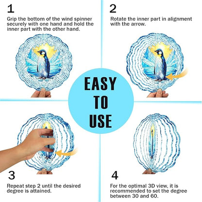 Penguin Wind Spinner, 3D Hanging Stainless Steel Garden Spinner, Wind Spinner Hanging for Outdoor & Indoor Décor, Unique Gifts for Yard Garden Decoration or Patio Décor (Penguin)