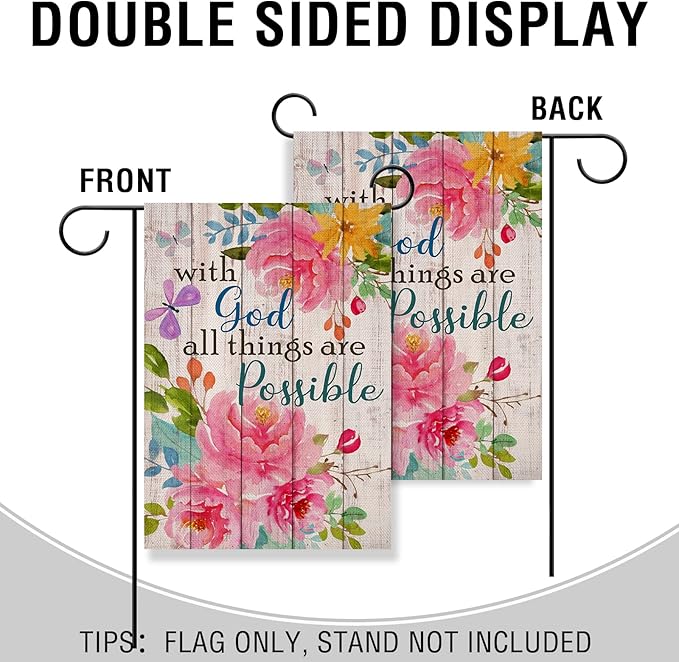 Artofy with God all Things are Possible Christian Home Decorative Garden Flag, Spring Summer Religious House Yard Outdoor Peony Flower, Inspirational Butterfly Outside Farmhouse Small Decor 12 x 18