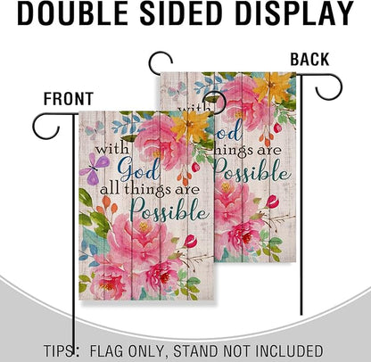 Artofy with God all Things are Possible Christian Home Decorative Garden Flag, Spring Summer Religious House Yard Outdoor Peony Flower, Inspirational Butterfly Outside Farmhouse Small Decor 12 x 18