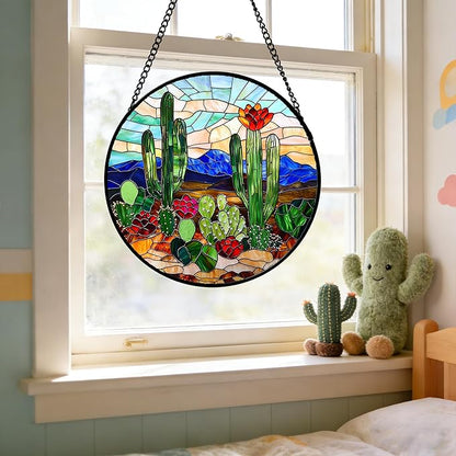 DASTOLL Stained Glass Window Hanging, Green Cactus Suncatcher for Doors Window Home Plant Landscape Sun Catchers Decoration Mother's Day Birthday Gifts for Women, Men, and Mom 6.3 in