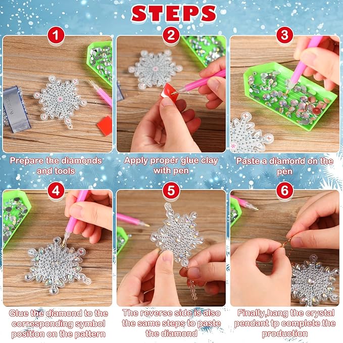 4 Pcs 5D 9.7x3 inch Christmas Diamond Painting Kits DIY Point Drill Diamond Painting Wind Crystal Wind Chimes Double Snowflake Ornaments with Crystal Pendant for Home Garden Hanging Decor(White)