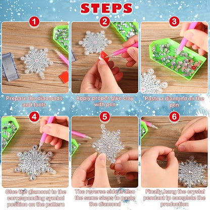 4 Pcs 5D 9.7x3 inch Christmas Diamond Painting Kits DIY Point Drill Diamond Painting Wind Crystal Wind Chimes Double Snowflake Ornaments with Crystal Pendant for Home Garden Hanging Decor(White)