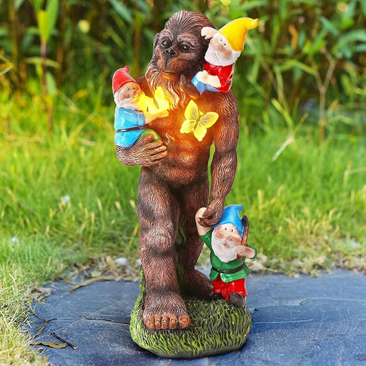 Gorilla Bigfoot Dwarf Bigfoot Sculpture Butterfly Statue with Large Garden Accessories with LED Decorative Gifts 7.5X5.9X13Inch