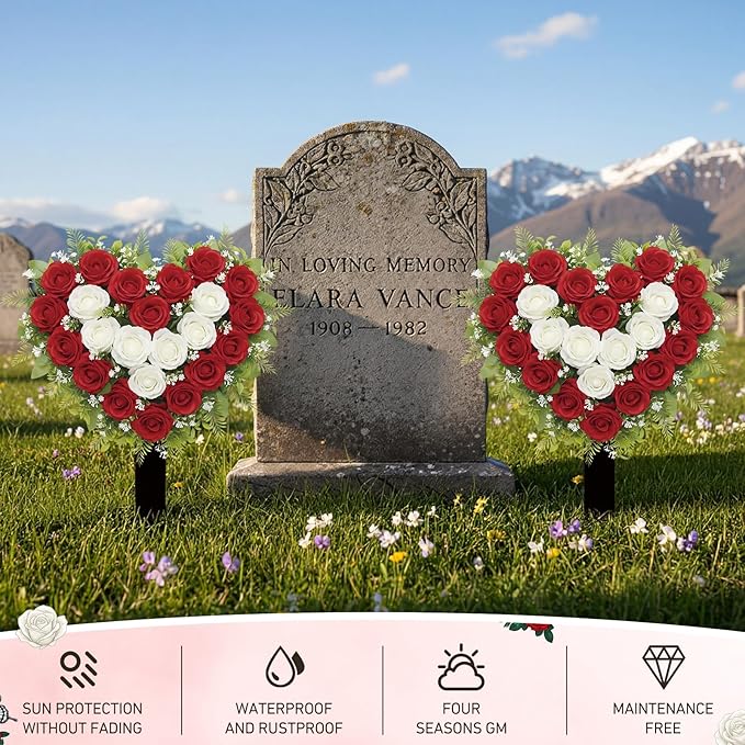 Frienda 2 Sets Cemetery Flowers Grave Stake Metal Floral Decor for Tombstone, Outdoor Gravesite Markers for Mom Dad, Memorial Day Spring Easter Grave Decor(Heart,Red,White)