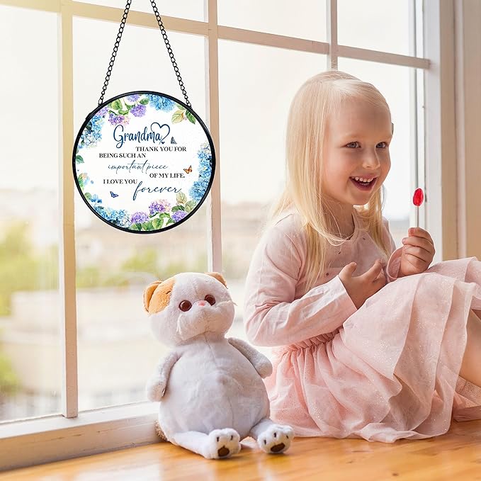 Grandma Gifts Suncatchers Stained Glass Window Hanging, Grandma Gifts for Mother's Day from Grandkids Sun Catchers Indoor Window, Grandmother Gift, 7.9x7.9in