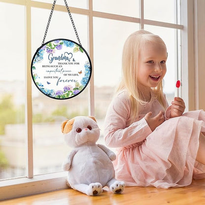 Grandma Gifts Suncatchers Stained Glass Window Hanging, Grandma Gifts for Mother's Day from Grandkids Sun Catchers Indoor Window, Grandmother Gift, 7.9x7.9in