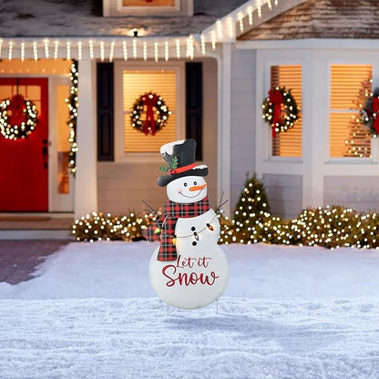 Glitzhome Lighted Metal Christmas Snowman Yard Stake with Colorful Strawberry Bulbs, 36" H Let it Snow Outdoor Decor, Iron Snowman Sign for Holiday Lawn & Garden