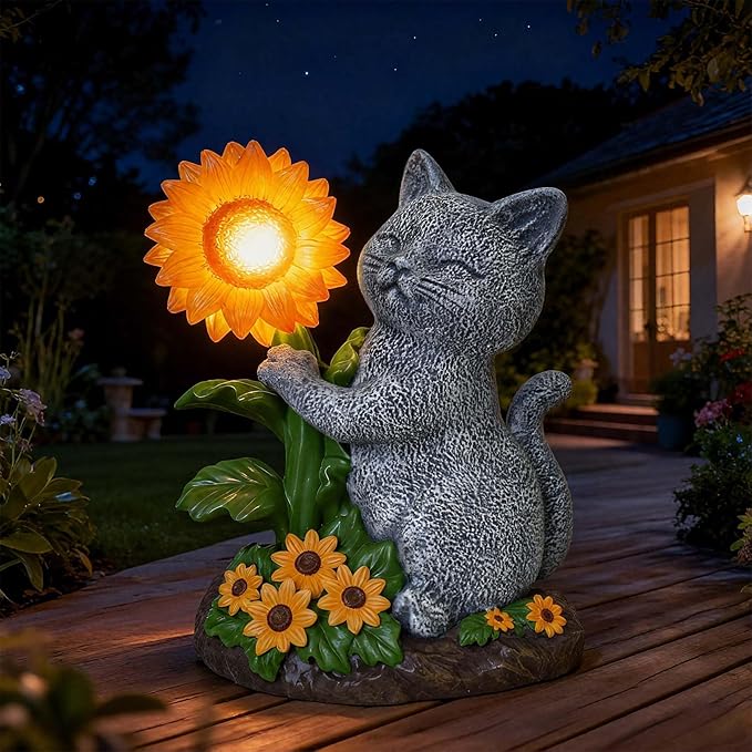Solar Garden Decor Cat Statue with Sunflower Light, Outdoor Ornaments for Home Patio Yard Balcony Lawn, Birthday Gifts for Cat Lovers Women, Mom, Grandma