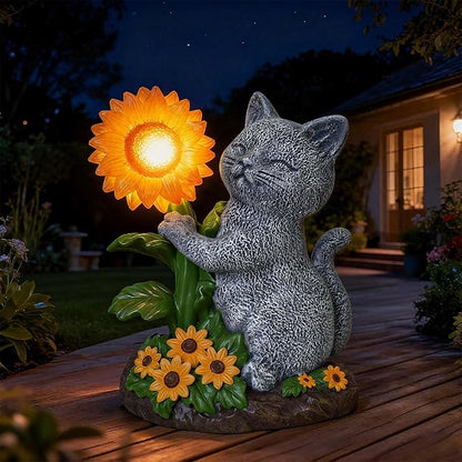Solar Garden Decor Cat Statue with Sunflower Light, Outdoor Ornaments for Home Patio Yard Balcony Lawn, Birthday Gifts for Cat Lovers Women, Mom, Grandma