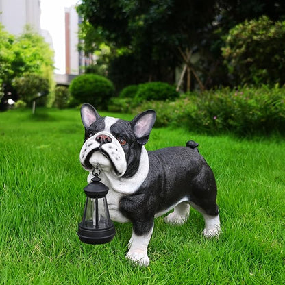 Playful Standing French Bulldog Sculpture with Solar Lantern & Double-Sided 'On Patrol' and 'Welcome' Signposts – Whimsical Resin Statue for Garden, Yard, and Patio