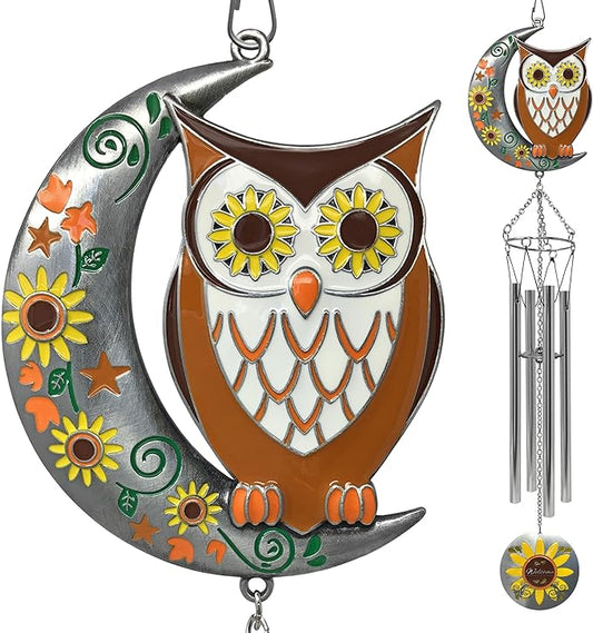 Owl Wind Chimes with Sunflower Welcome Medallion – Decorative Outdoor Hanging Windchime – Enameled Owl with Stars, Leaves & Moon – Garden Porch Patio Décor – 24" Hanging Length