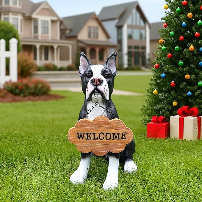Adorable Boston Terrier Dog Sculpture with Solar Lantern & Double-Sided 'On Patrol' and 'Welcome' Signposts – Playful Outdoor Resin Statue for Garden, Yard, Patio
