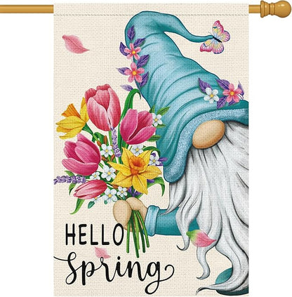 Hello Spring Gnome Garden Flag 28x40 Double Sided Burlap Butterfly Floral Yard Banner for Summer Rustic Seasonal Outside Outdoor House Decoration (ONLY FLAG)