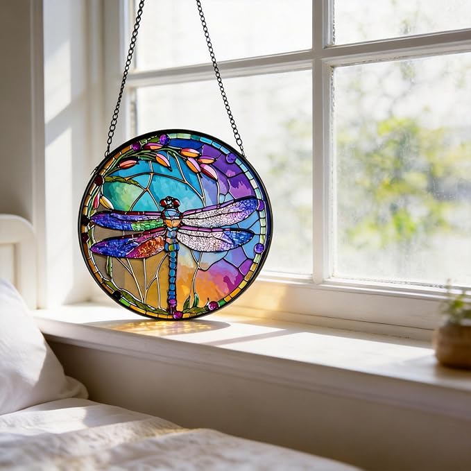 Stained Glass Sun Catcher,Dragonfly Glass Window Hanging Garden Decor,Sun Catchers Indoor Window,Whimsical Decoration for Home Backyard Patio Lawn Porch with 9.8 INCH