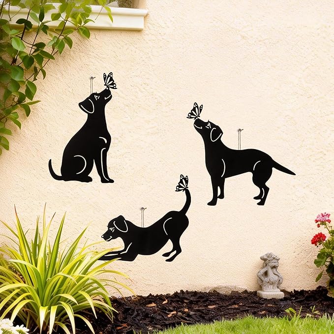 Glitzhome Set of 3 Dog Silhouette Stakes, Black Metal Decorative Garden Stakes or Wall Decor with Butterfly Cutout Design, Iron Yard Art Lawn Spring Decoration, 20 "H
