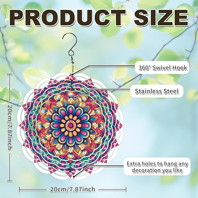 Wind Spinners Outdoor, Hanging Wind Spinner for Garden Decoration, 8 inch 3D Stainless Steel Metal Wind Sculpture for Indoor/Outdoor Decor, Multi Red Mandala