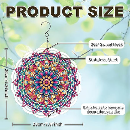 Wind Spinners Outdoor, Hanging Wind Spinner for Garden Decoration, 8 inch 3D Stainless Steel Metal Wind Sculpture for Indoor/Outdoor Decor, Multi Red Mandala