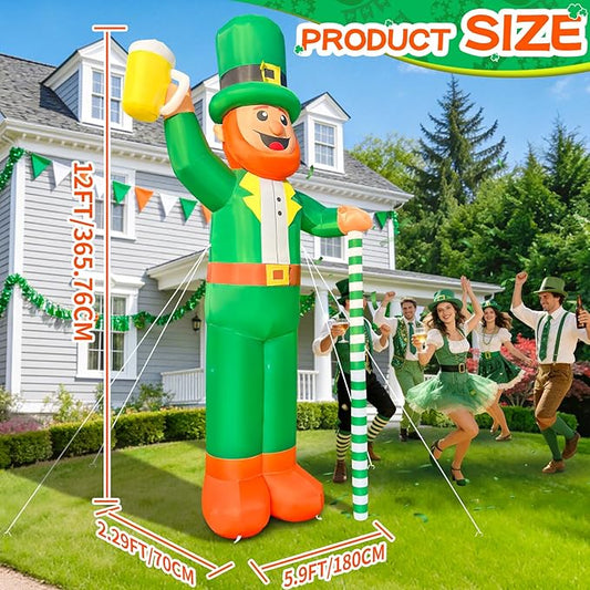 12Ft Giant St. Patrick's Day Blow Up Inflatable Leprechaun Takes a Beer St Patricks Day Inflatable Yard Decorations St Patricks Blow Up Inflatable for Outdoor Garden Lawn Party(with Drawstring Bag)