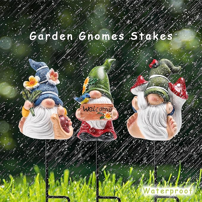 Garden Gnome Statue, Resin Miniature Gnome Set of 3PCS, Figurine with Garden Stakes for Lawn Patio Yard Outdoor Home Decor