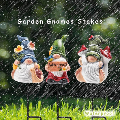 Garden Gnome Statue, Resin Miniature Gnome Set of 3PCS, Figurine with Garden Stakes for Lawn Patio Yard Outdoor Home Decor