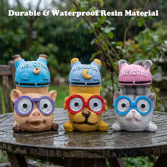 pearlstar 3 Pack Solar Lights Outdoor Garden Statues Resin Animal with Welcome Sign, Mothers Day Gifts for Mom Grandma, Cat Dog Pig Solar Figurines LED Lights Waterproof Outside Decor for Patio Yard