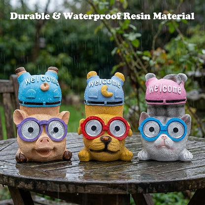 pearlstar 3 Pack Solar Lights Outdoor Garden Statues Resin Animal with Welcome Sign, Mothers Day Gifts for Mom Grandma, Cat Dog Pig Solar Figurines LED Lights Waterproof Outside Decor for Patio Yard