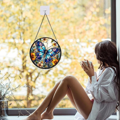 Butterfly Stained Glass Suncather for Window Hanging, 6.3'' Blue Butterfly Ornament Gift for Women, Nature-Inspired Wall Art Home Decor Gifts for Mom, Grandma, Mother's Day (Blue, 6.3'')