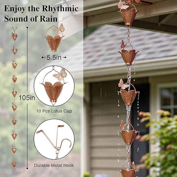 Topadorn Metal Rain Chain Decoration 8.7FT., Rain Catcher Metal Chain Gutter Downspout 105'' for House Eaves, Garden & Home, Butterfly&Flowers Shape Rain Chains