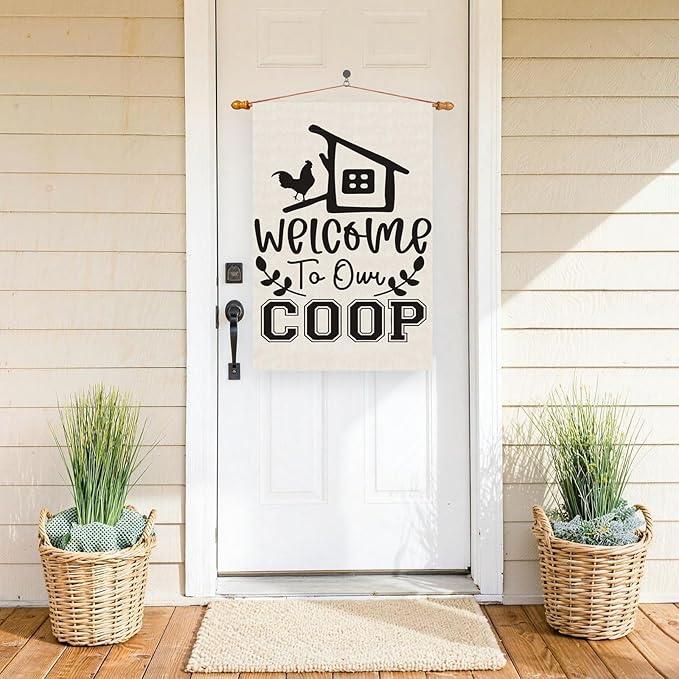 Black Chicken Welcome to Our Coop Large House Flag Burlap 28X40 Inch Vertical Double Sided Outside Yard Holiday Outdoor Farmhouse Decoration
