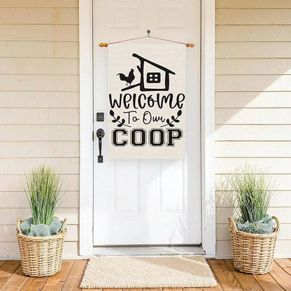 Black Chicken Welcome to Our Coop Large House Flag Burlap 28X40 Inch Vertical Double Sided Outside Yard Holiday Outdoor Farmhouse Decoration