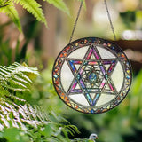 Star of David Suncatcher Stained Glass Window Hanging - 9.84inch Hand-Painted Sun Catcher Garden Hanging Decoration with Metal Chain Outdoor Garden Decor Gift for Women