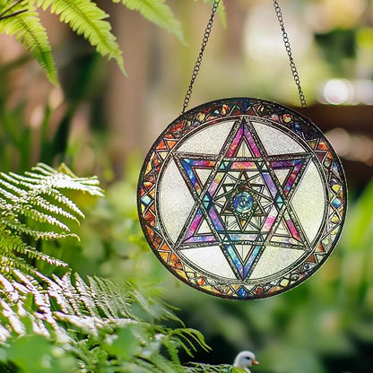 Star of David Suncatcher Stained Glass Window Hanging - 9.84inch Hand-Painted Sun Catcher Garden Hanging Decoration with Metal Chain Outdoor Garden Decor Gift for Women