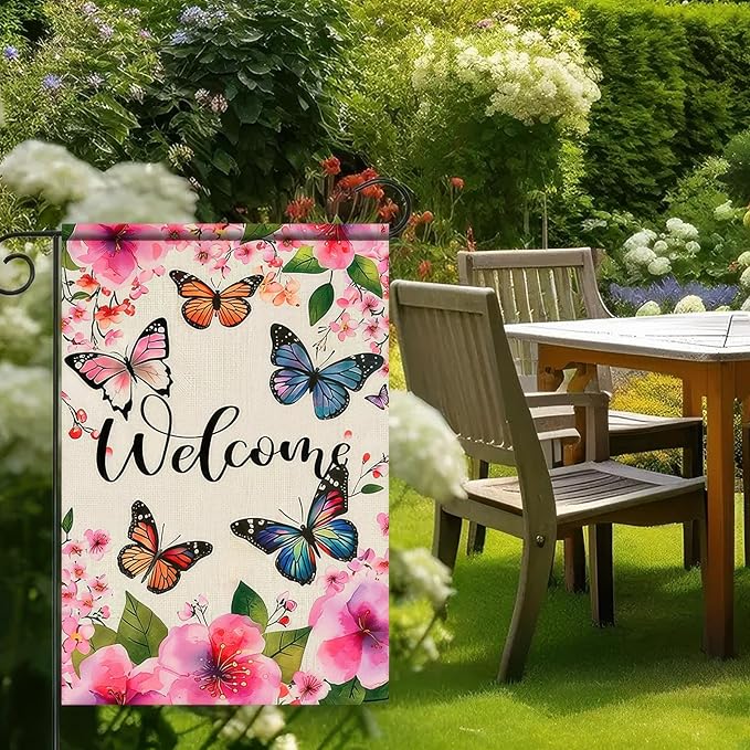 BlissYard Welcome Spring Garden Flag Butterfly Flower Decoration Yard Flag 12x18 Double Sided Seasonal Farmhouse Yard Outdoor Decoration Outside House Spring Small Yard Flag