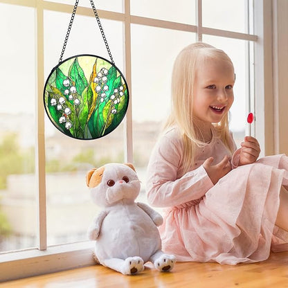 Lily of The Valley Suncatchers Stained Glass Window Hanging, Lily of The Valley Flower Sun Catchers Indoor Window Glass Round Wall Decor, Floral Botanical Wall Hanging Decorations, 7.9x7.9in