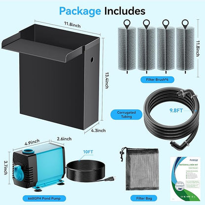 POPOSOAP Pond Waterfall Spillway with 660GPH Pump Kit, 304 Stainless Steel Waterfall with Filtration &9.8FT Corrugated Tubing Outdoor Fountain Kit for Garden, Koi Pond, Backyard,13.4" H x 12"W-P43H