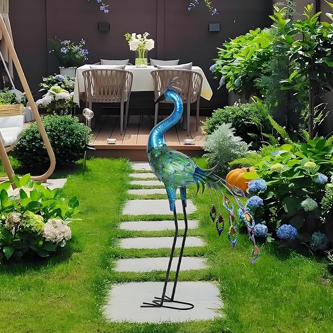 Metal Peacock Statue Yard Decor - Large Iron Peacock 34", Standing Bird Garden Sculptures, Metal Birds Yard Art Outdoor Statues, Outdoor Backyard Decor, Patio, Porch, Lawn Ornament Garden Decoration